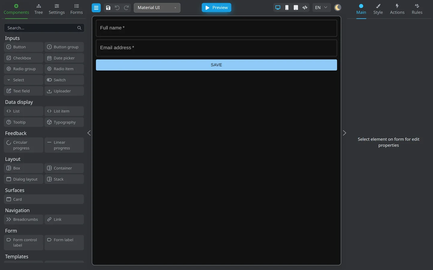 Finished first form with required fields and a Save button before Preview.