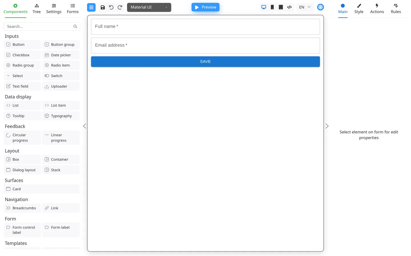 Finished first form with required fields and a Save button before Preview.