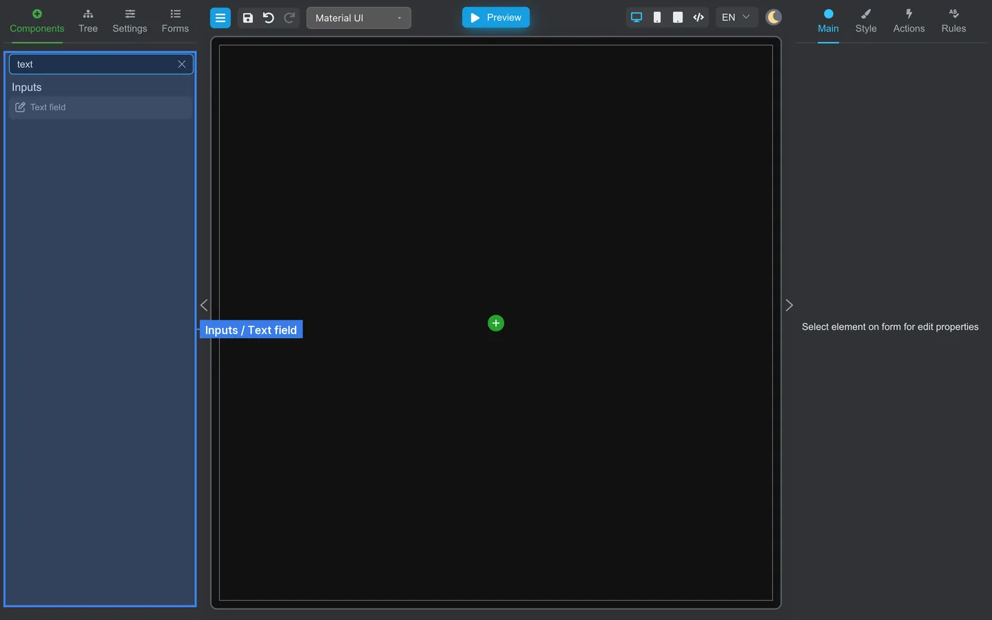 Empty canvas with Components palette filtered to Text field.