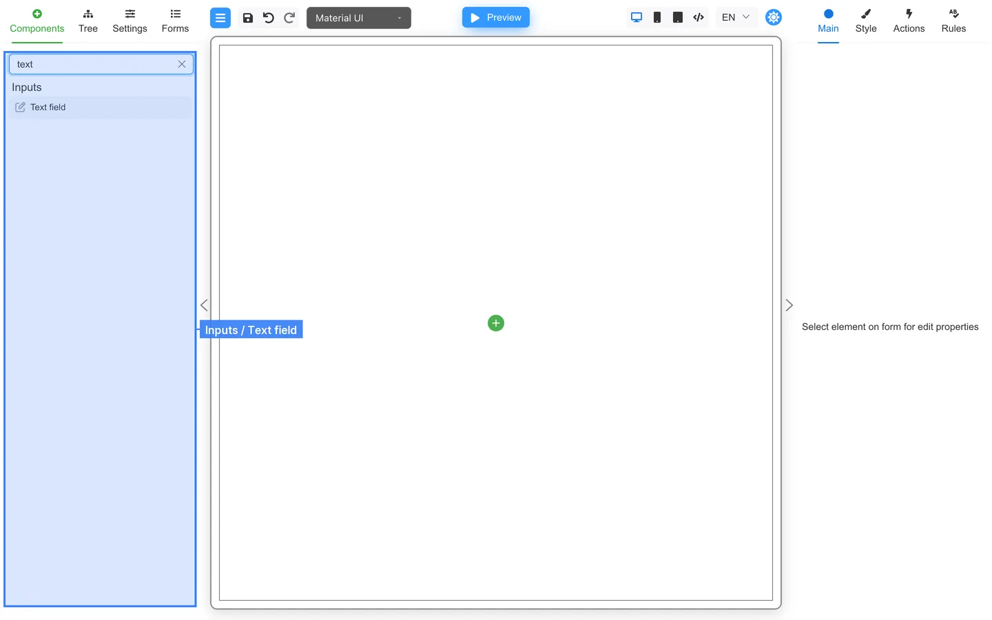 Empty canvas with Components palette filtered to Text field.