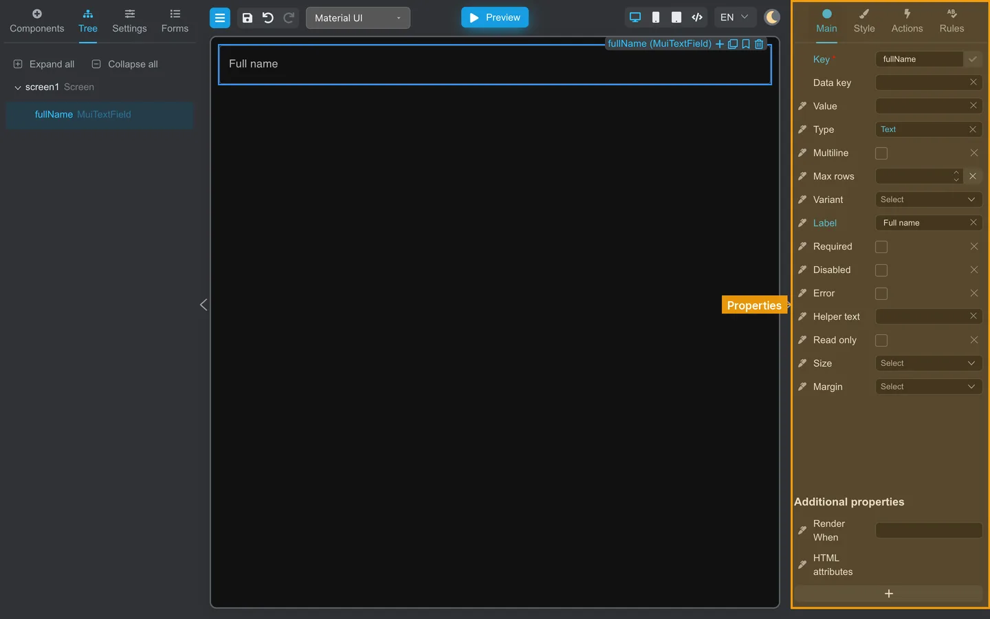 Main tab Key and Label for the Full name field.