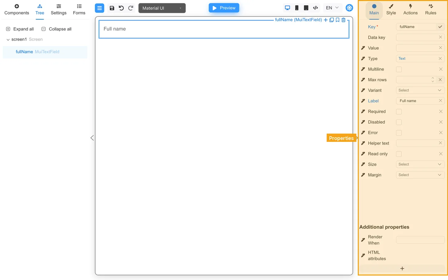Main tab Key and Label for the Full name field.