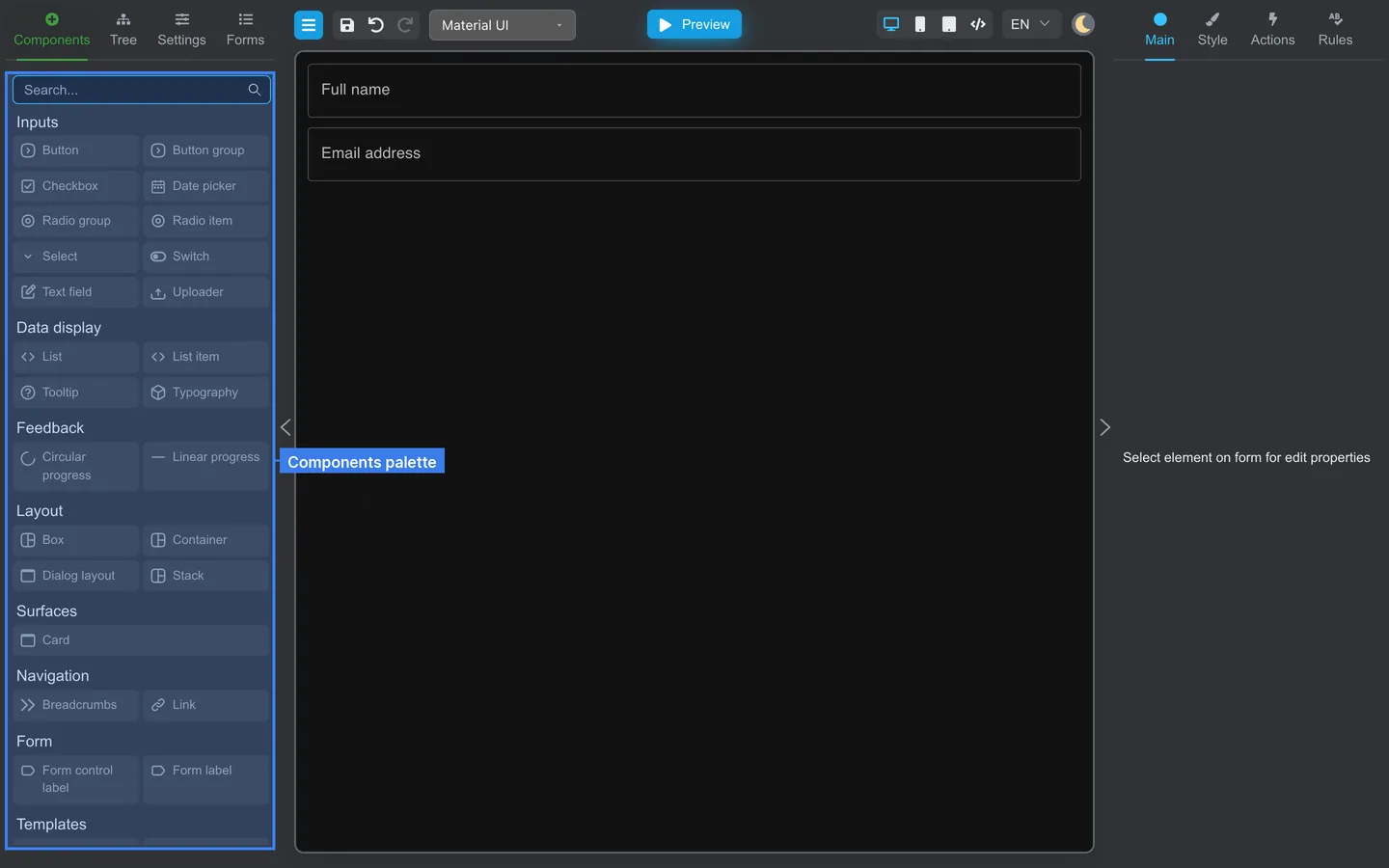 Canvas after adding Full name and Email address fields.