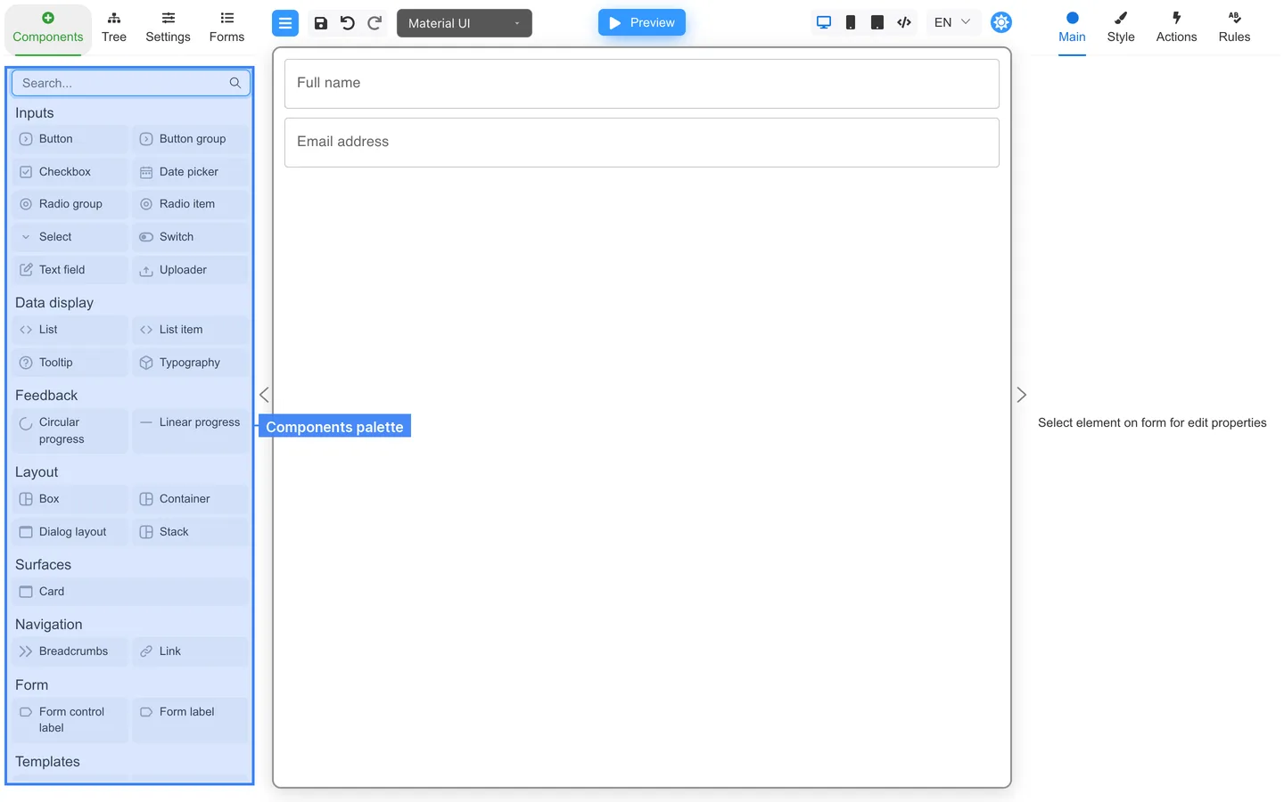 Canvas after adding Full name and Email address fields.