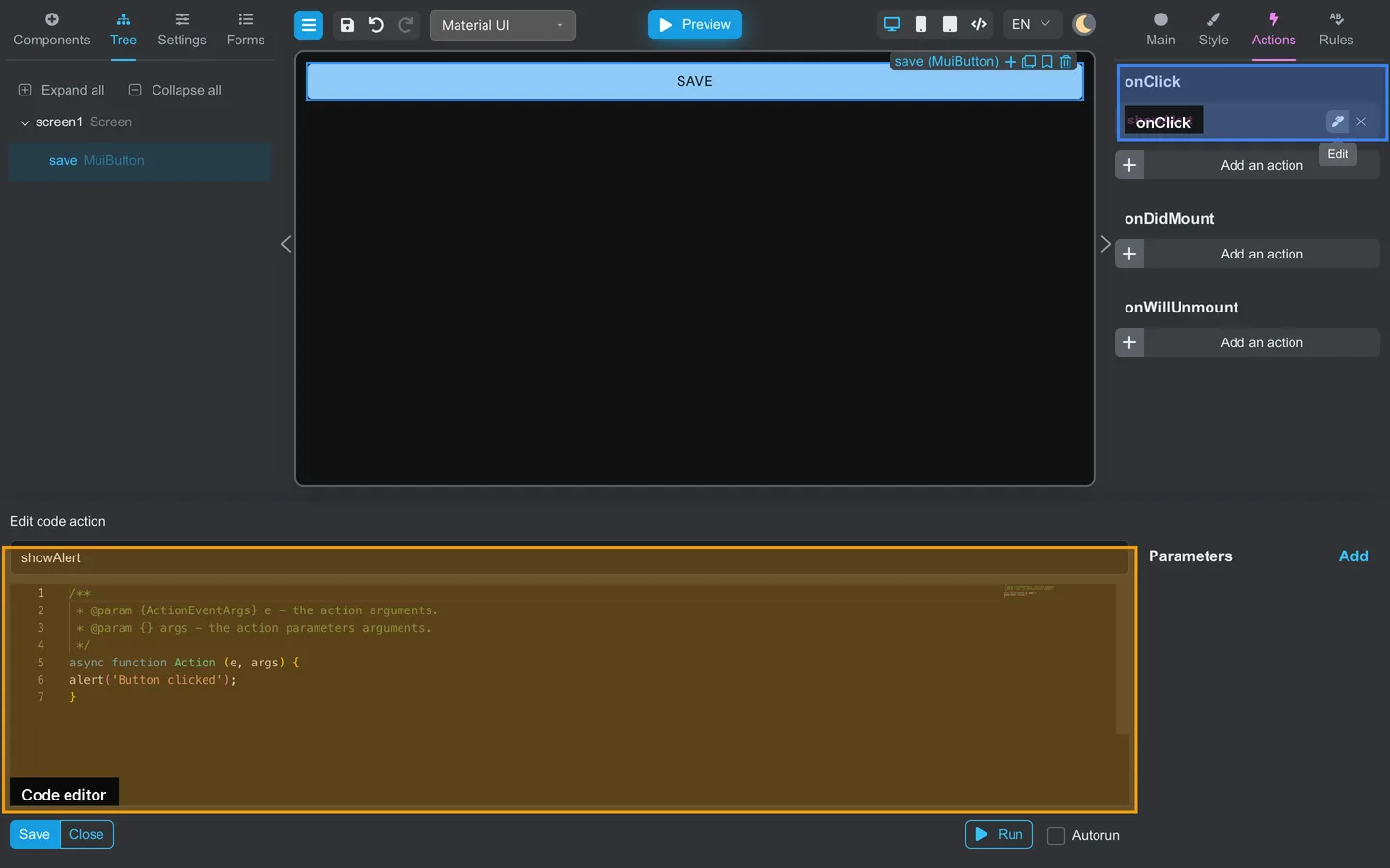 Save button Actions tab with onClick showAlert code action and alert in the editor.