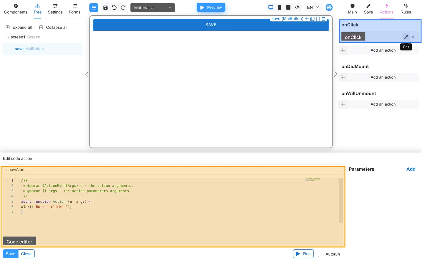Save button Actions tab with onClick showAlert code action and alert in the editor.