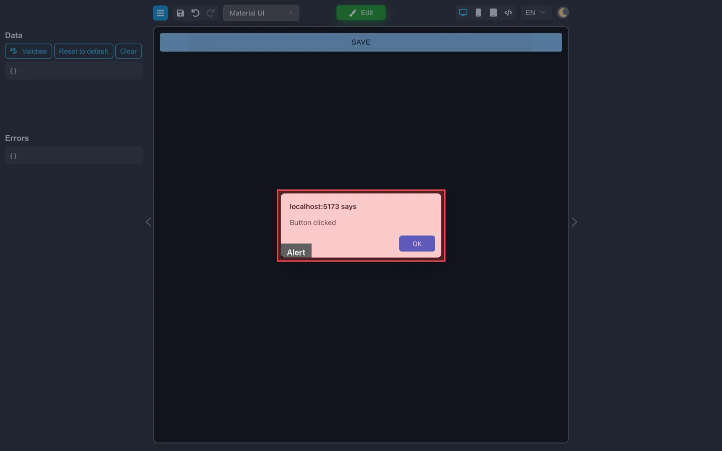 Preview mode after clicking Save, with an alert dialog showing Button clicked.