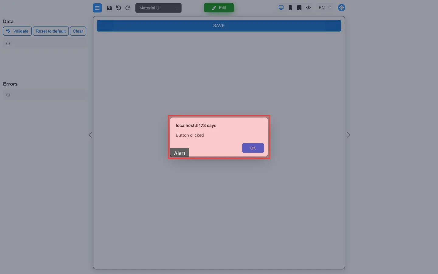 Preview mode after clicking Save, with an alert dialog showing Button clicked.