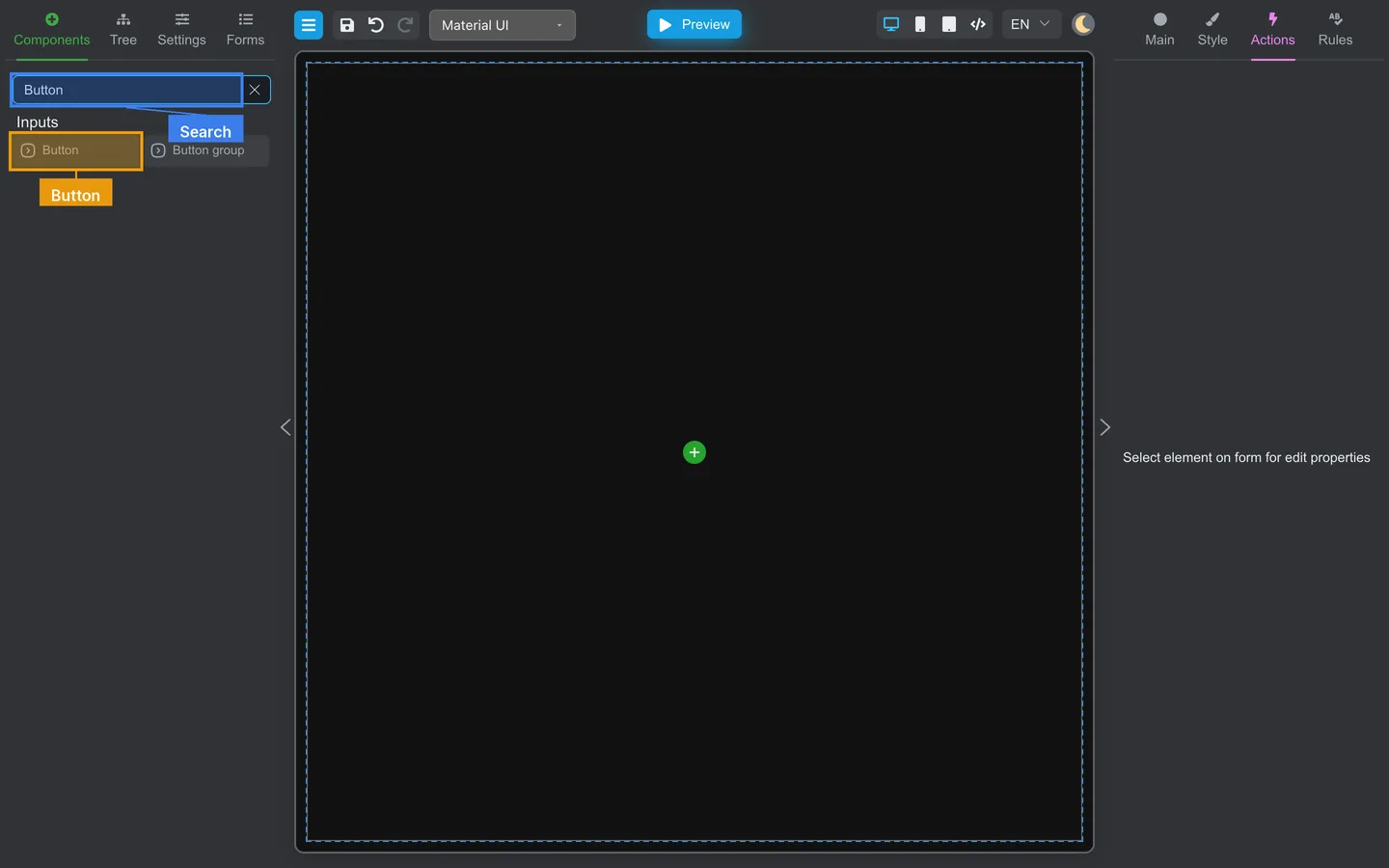Empty form with Components search set to Button and Button highlighted.