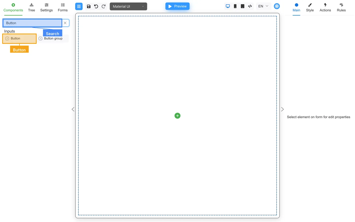 Empty form with Components search set to Button and Button highlighted.