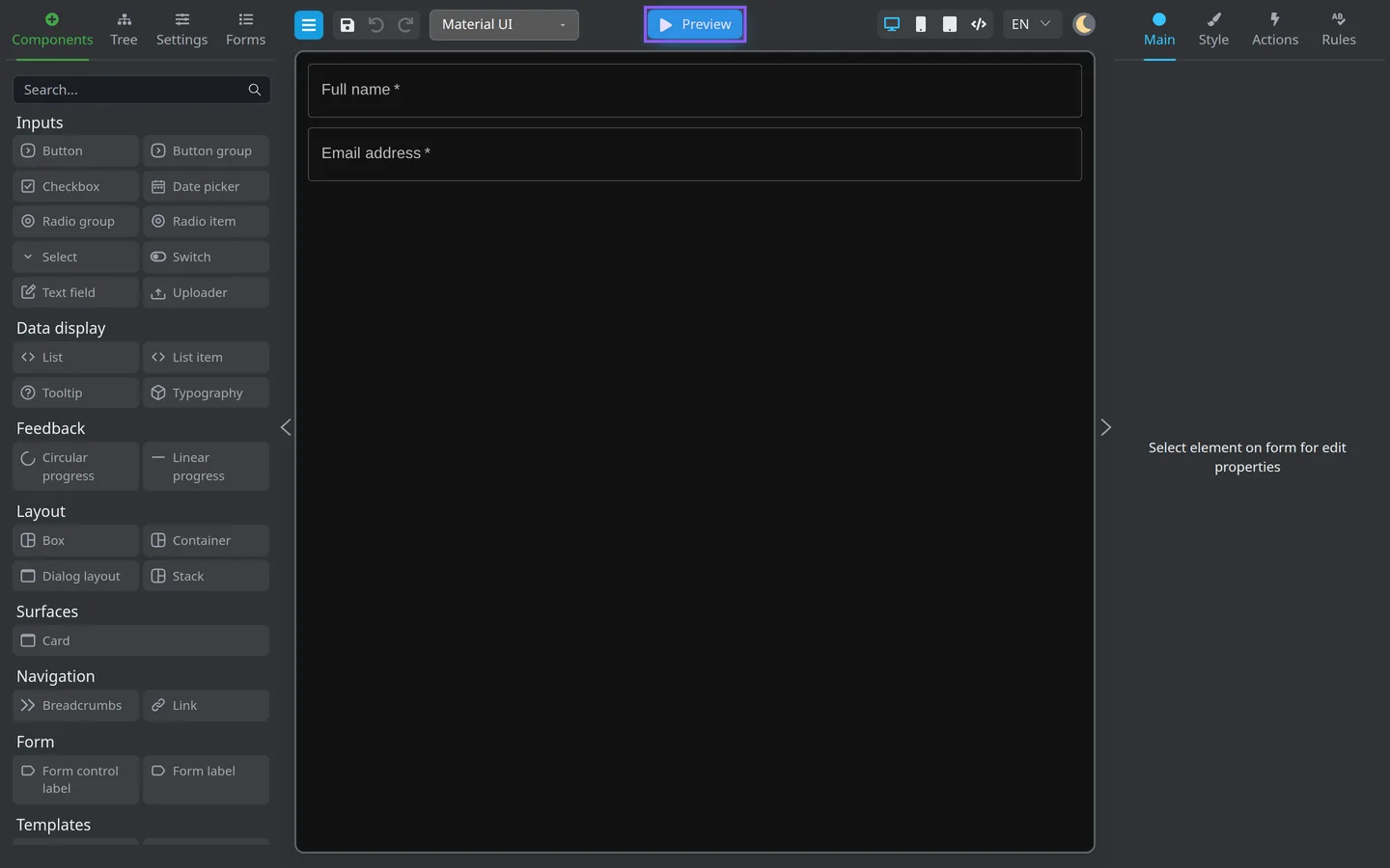 Preview control in the header toolbar on the first-form walkthrough.