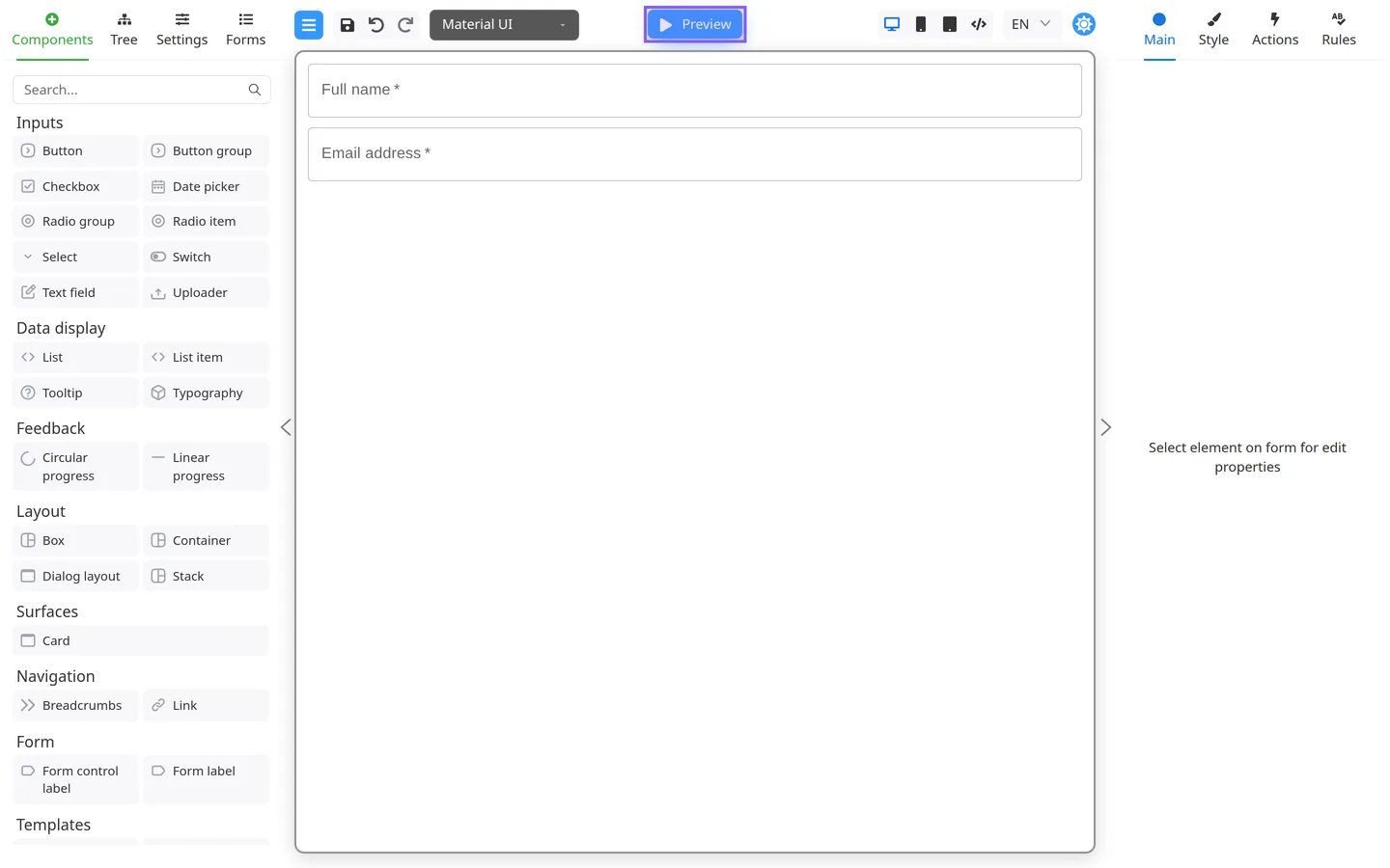 Preview control in the header toolbar on the first-form walkthrough.