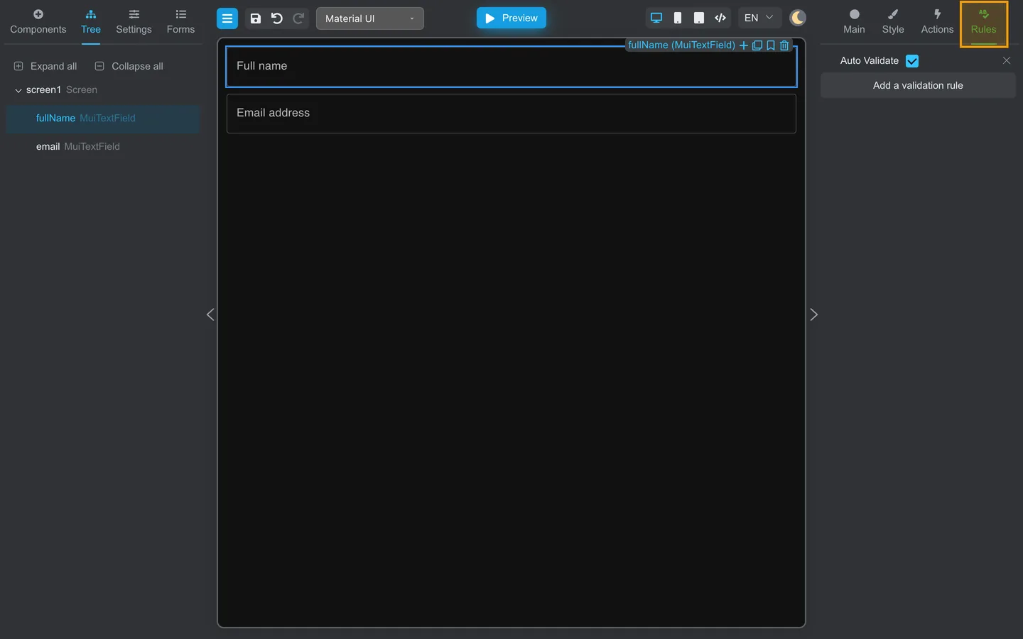 Rules tab with Add a validation rule.