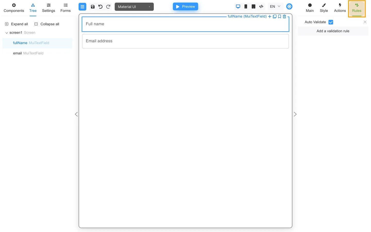 Rules tab with Add a validation rule.