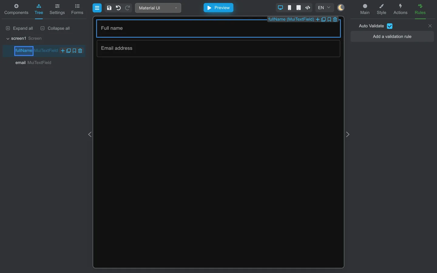 Tree with fullName selected, ready to add validation rules.