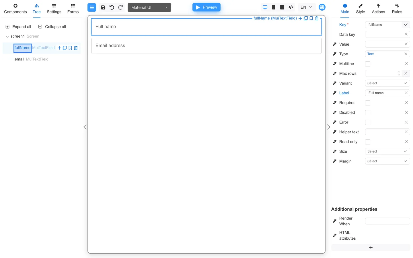Tree with fullName selected, ready to add validation rules.