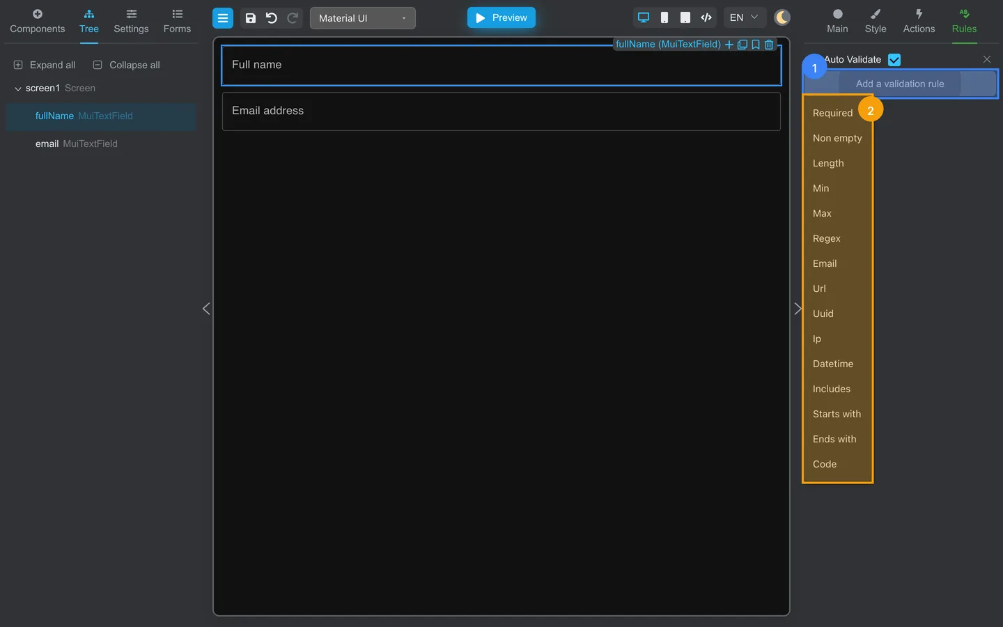 Add a validation rule picker open on Full name, with Non empty in the list.