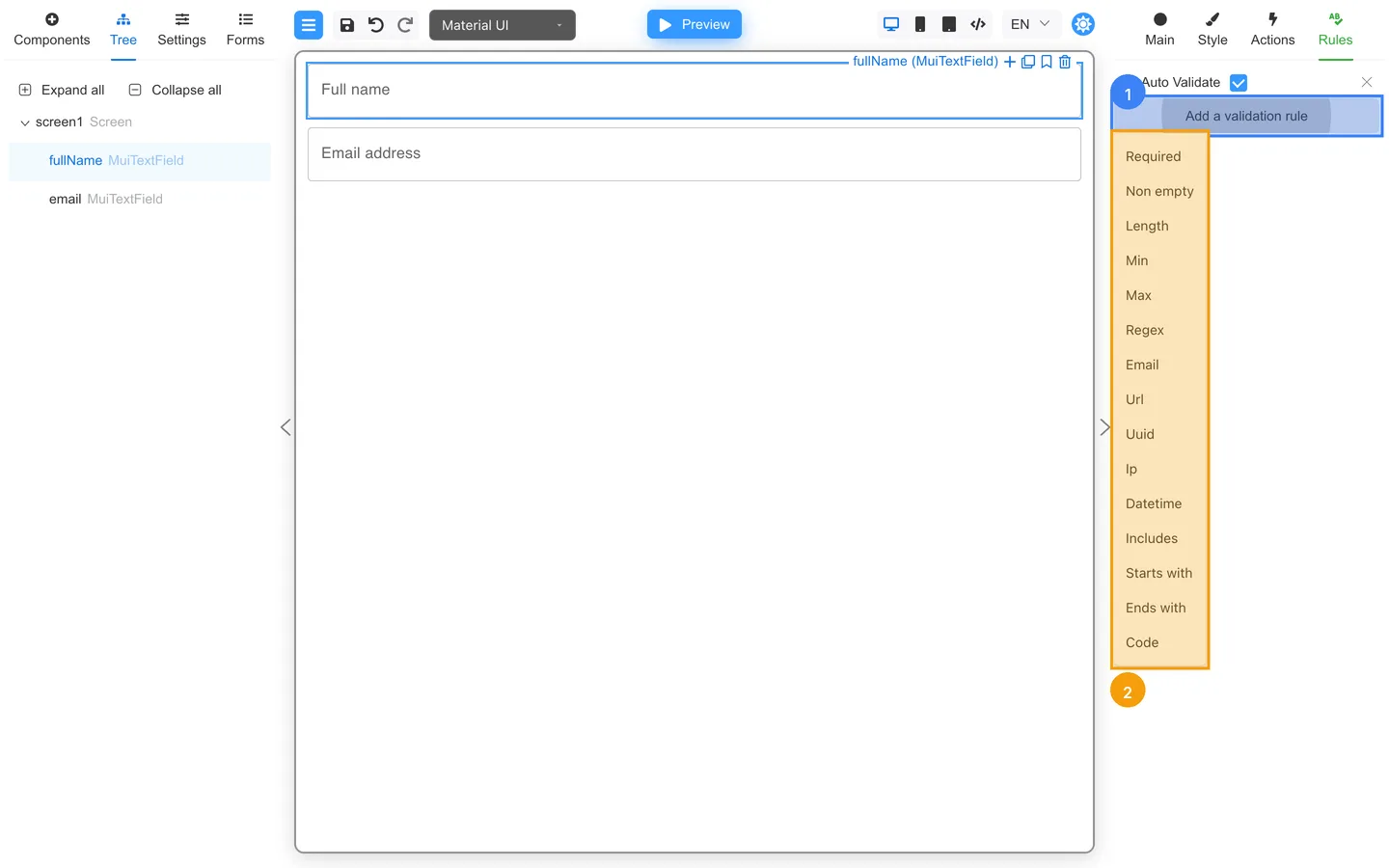 Add a validation rule picker open on Full name, with Non empty in the list.