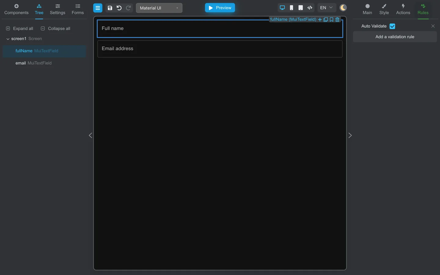 Rules tab showing Auto Validate.