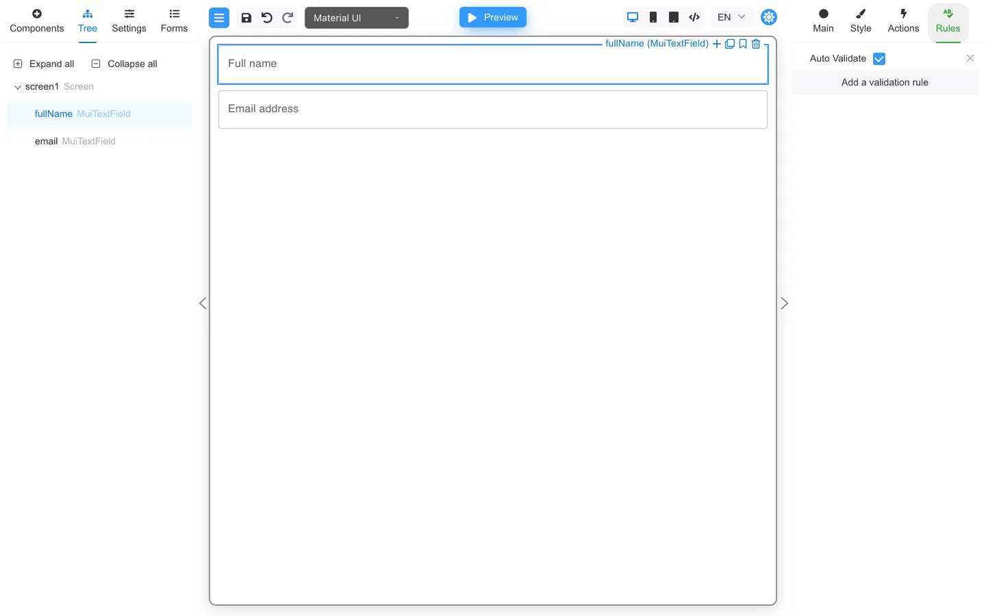 Rules tab showing Auto Validate.