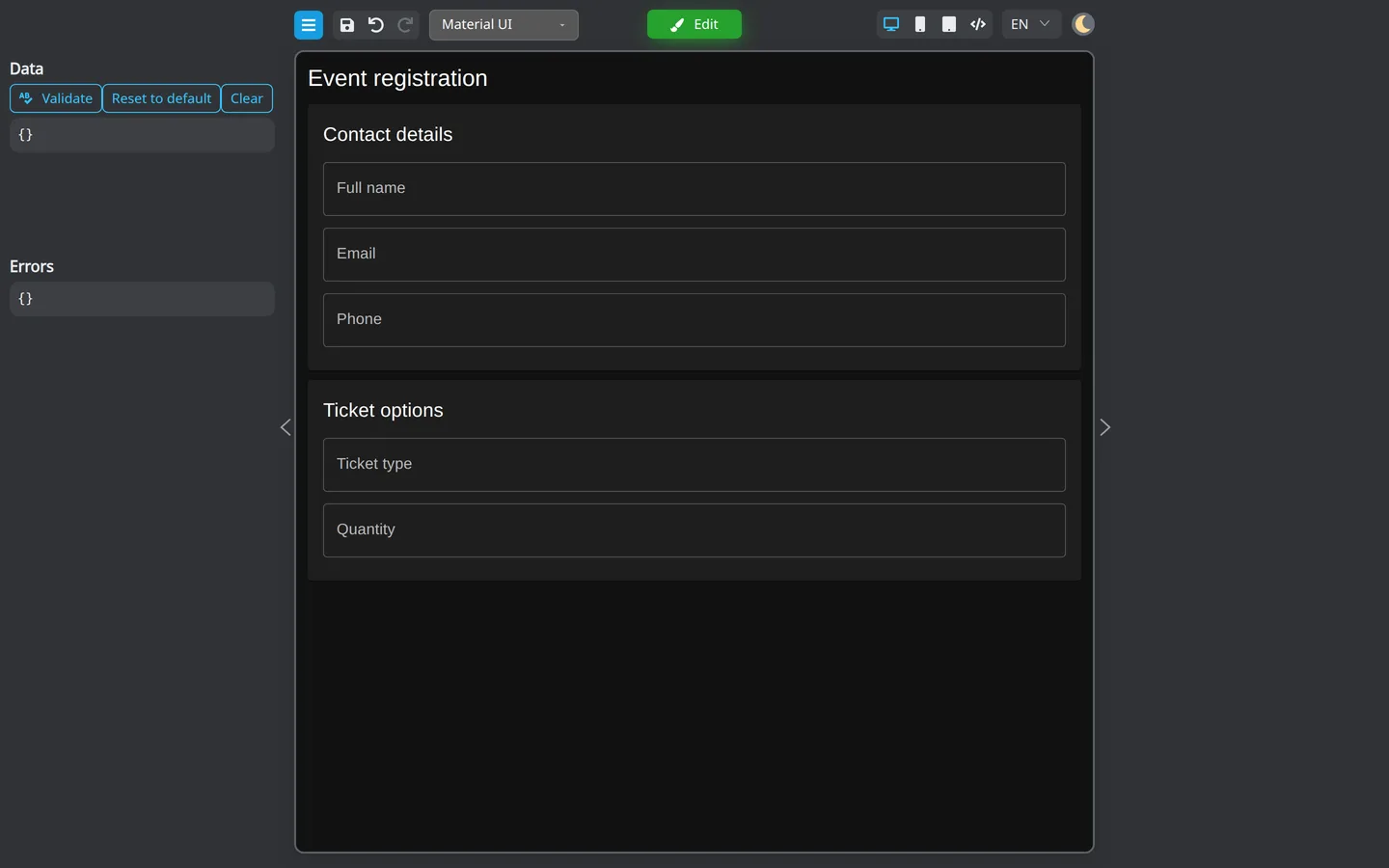 Preview mode with the Edit button and Data and Validate tools.
