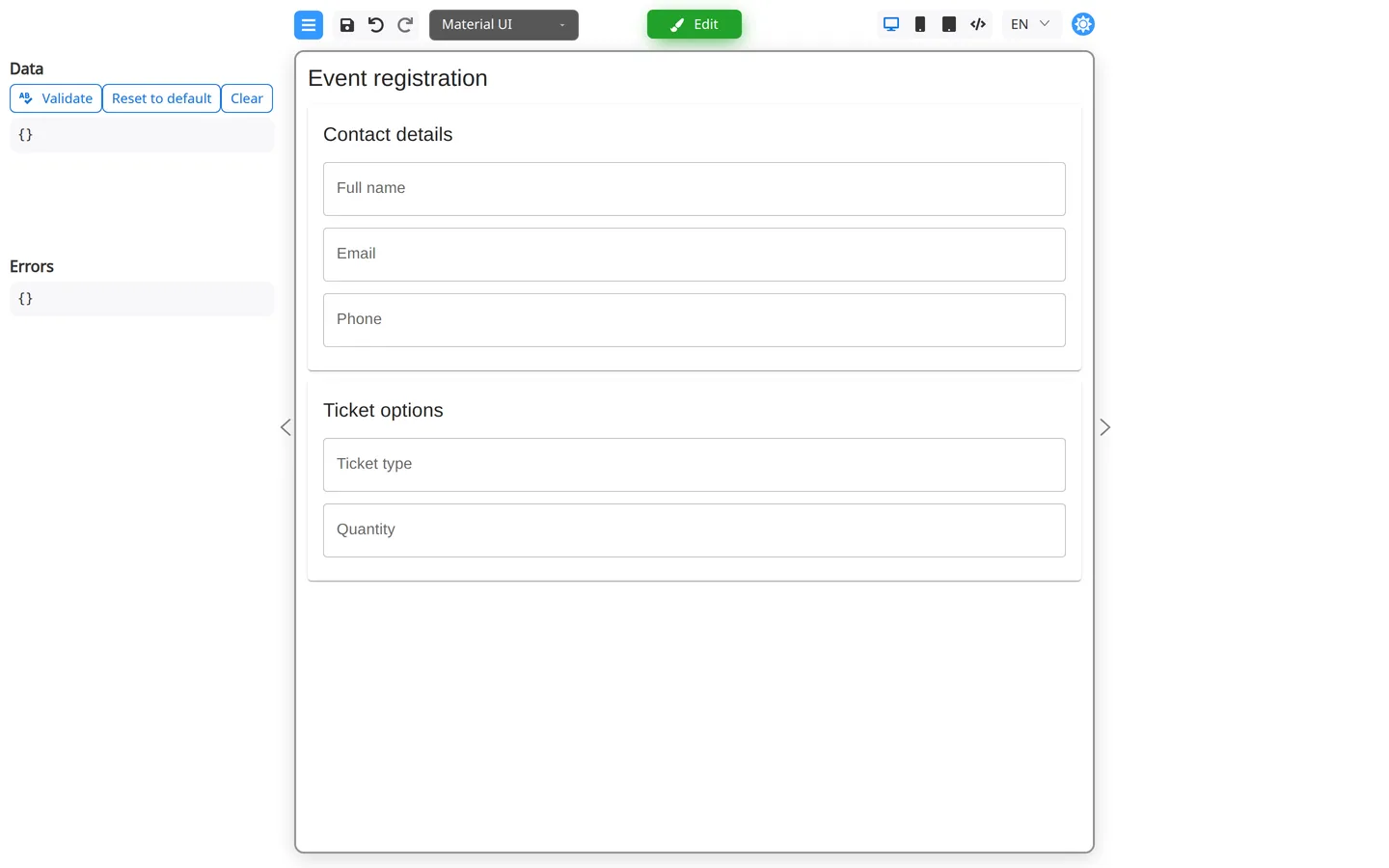 Preview mode with the Edit button and Data and Validate tools.