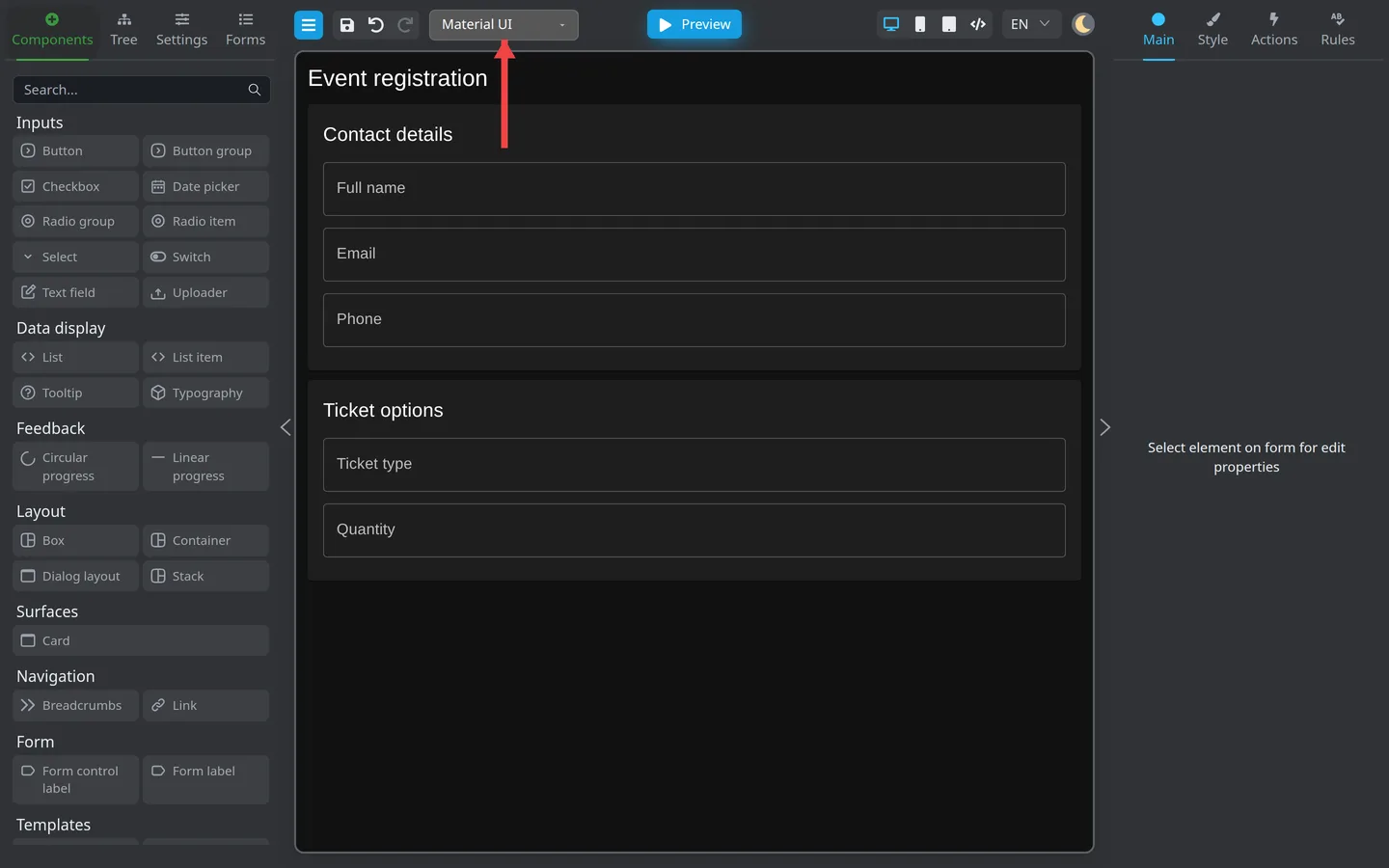 Red arrow pointing to the Component library dropdown in the header.