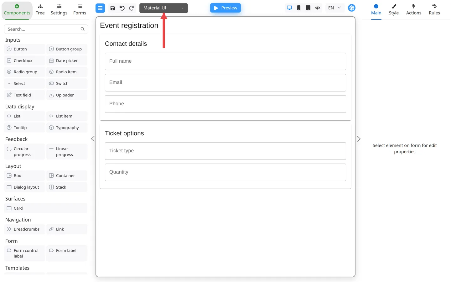 Red arrow pointing to the Component library dropdown in the header.
