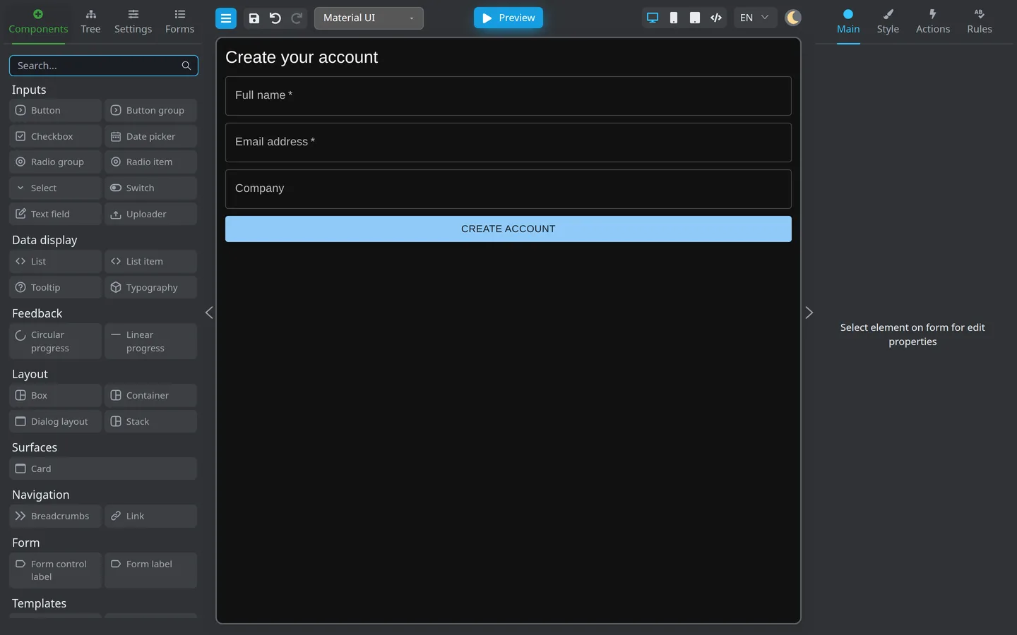 Create your account form with required Full name and Email fields on the canvas.
