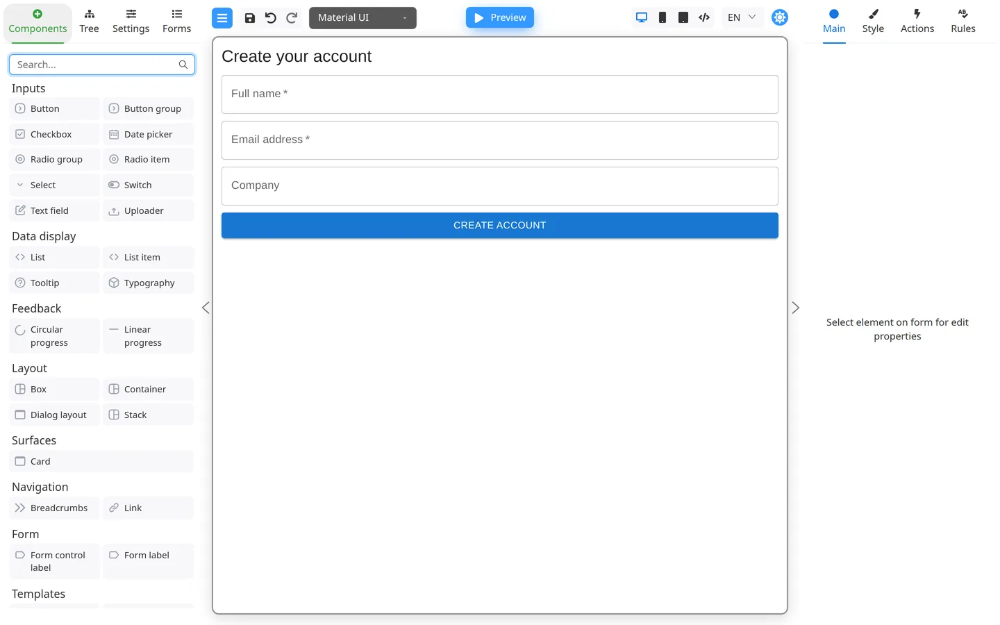 Create your account form with required Full name and Email fields on the canvas.
