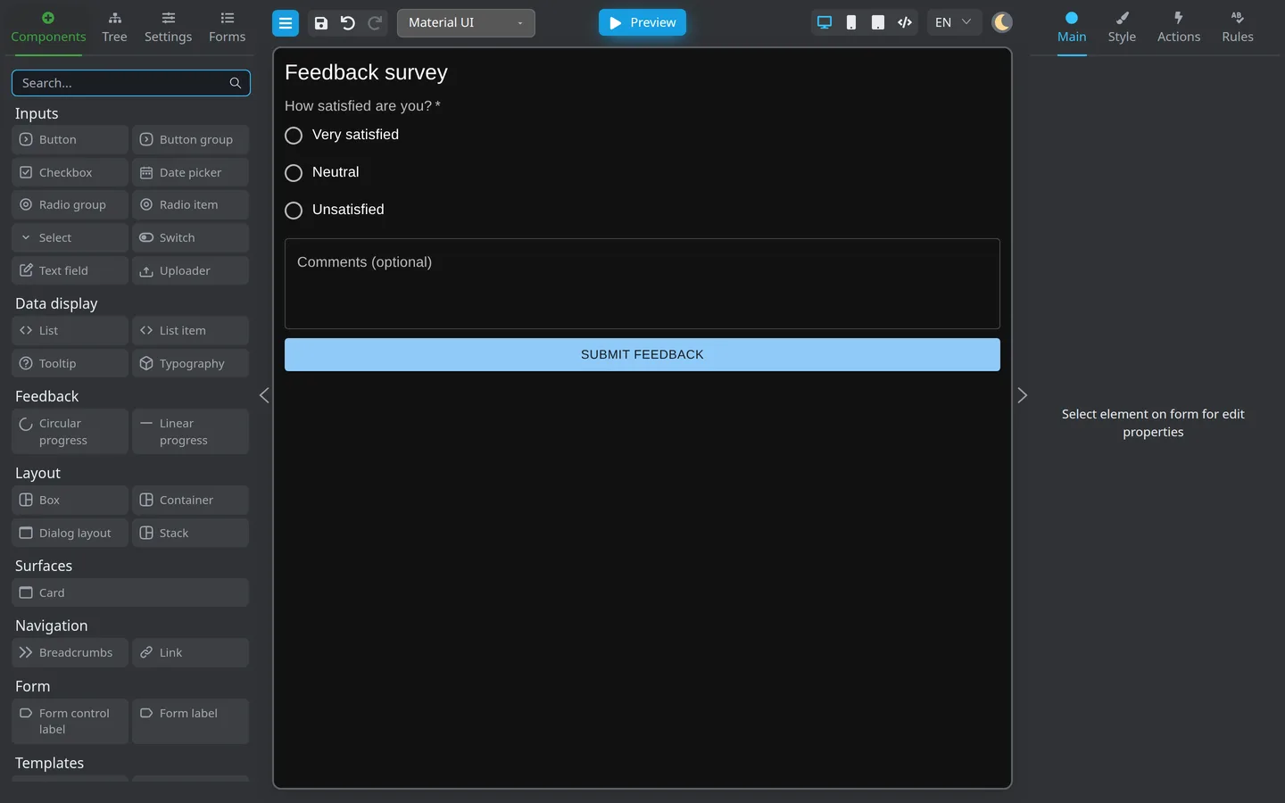 Feedback survey with satisfaction choices and optional comments on the canvas.