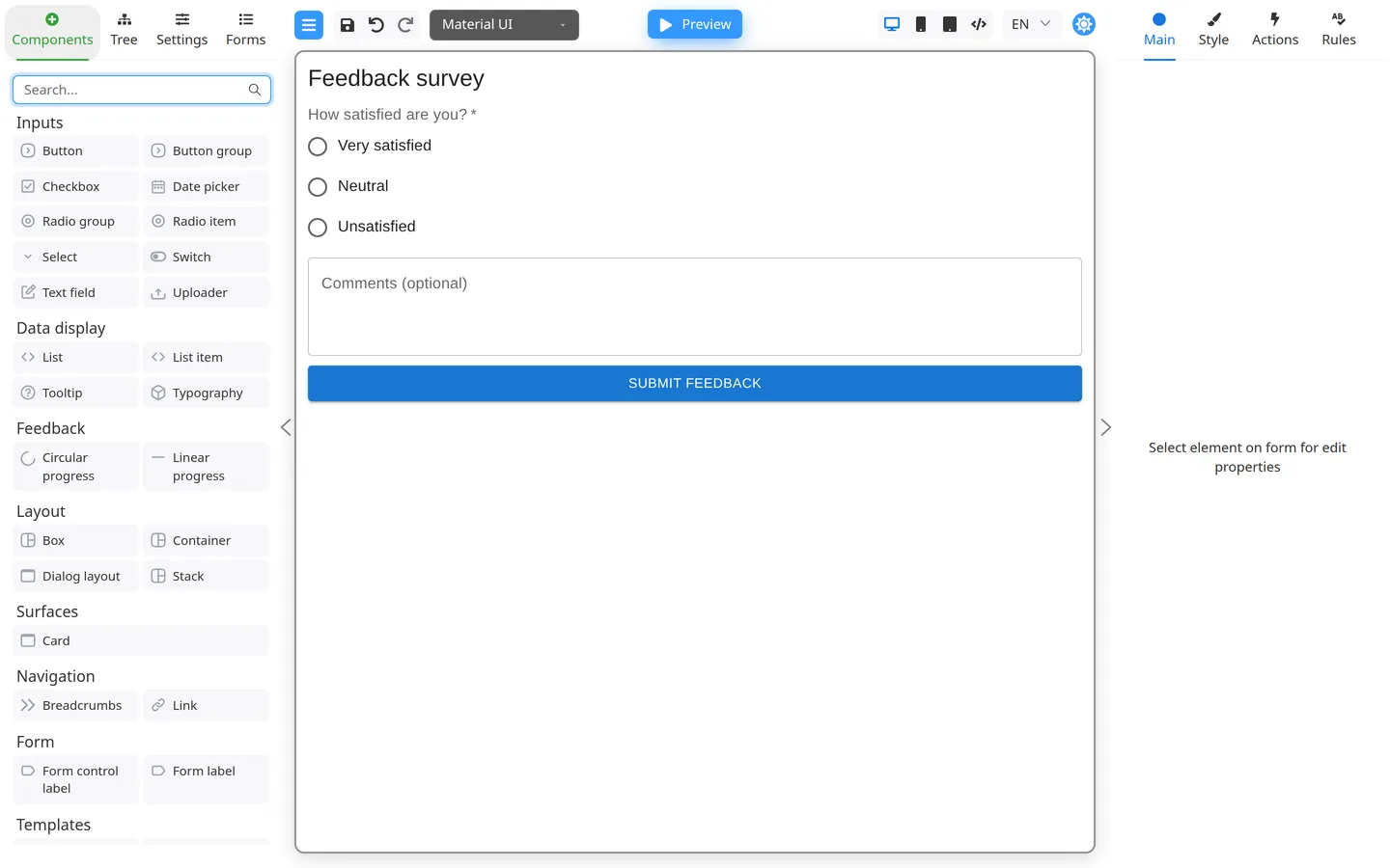 Feedback survey with satisfaction choices and optional comments on the canvas.