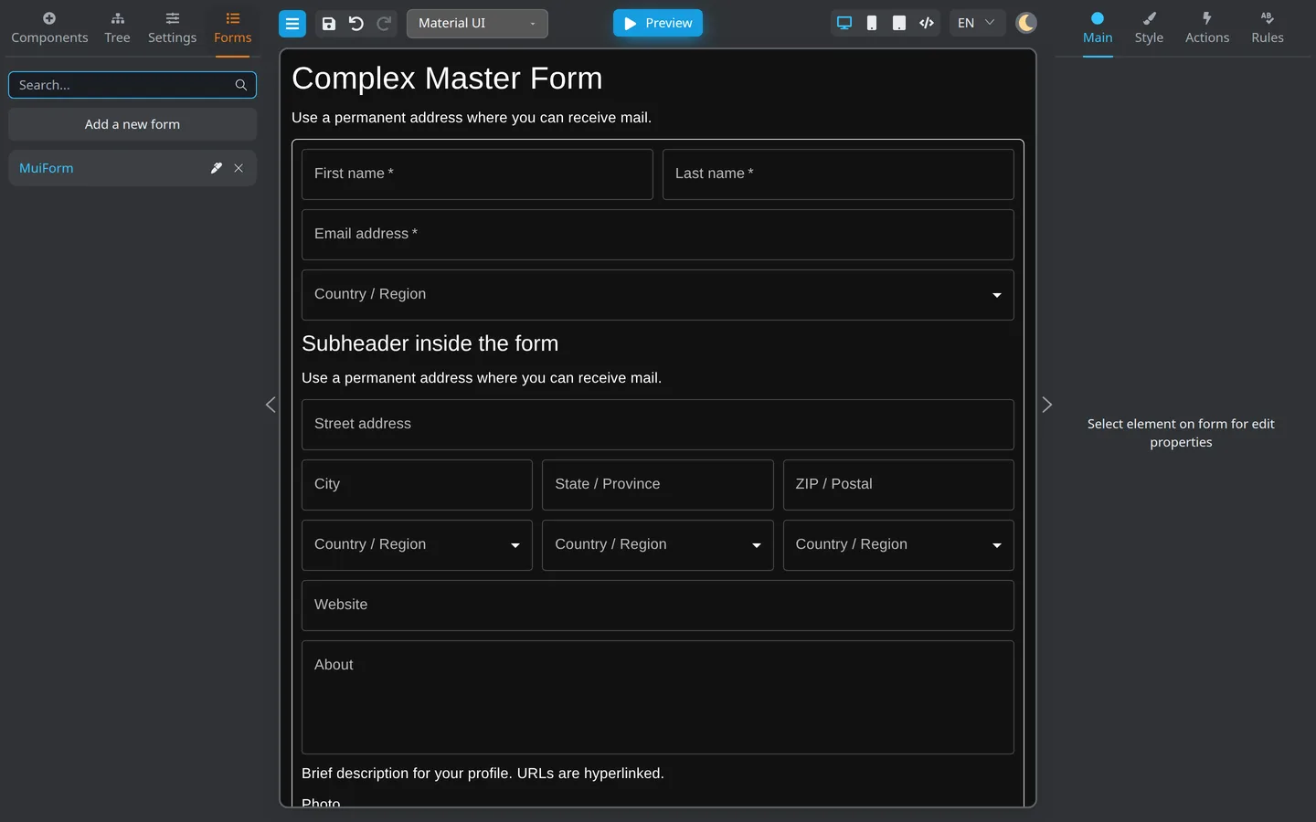Forms tab for managing saved forms.