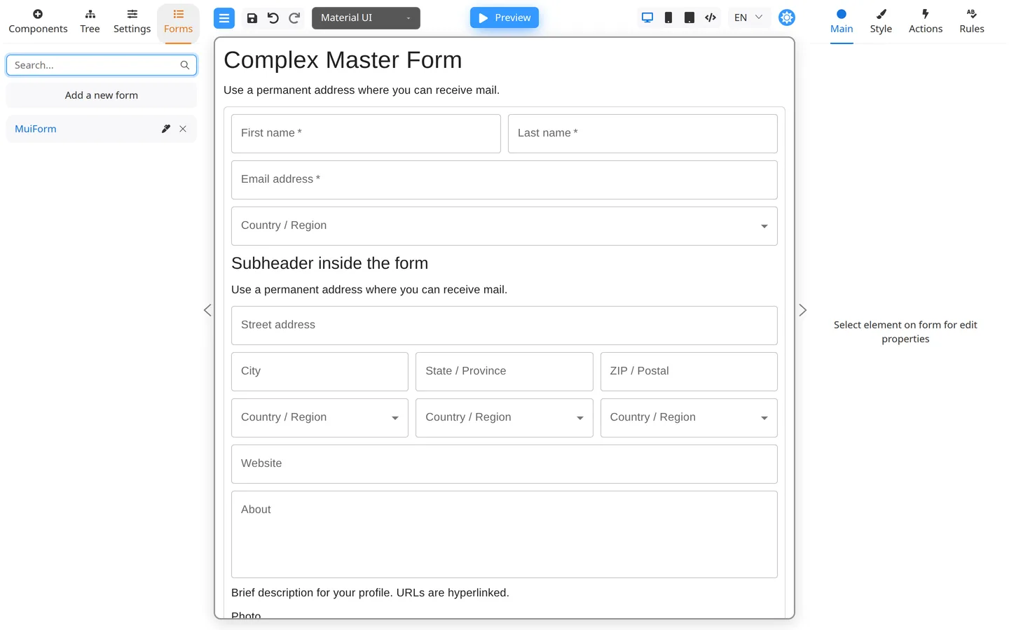 Forms tab for managing saved forms.