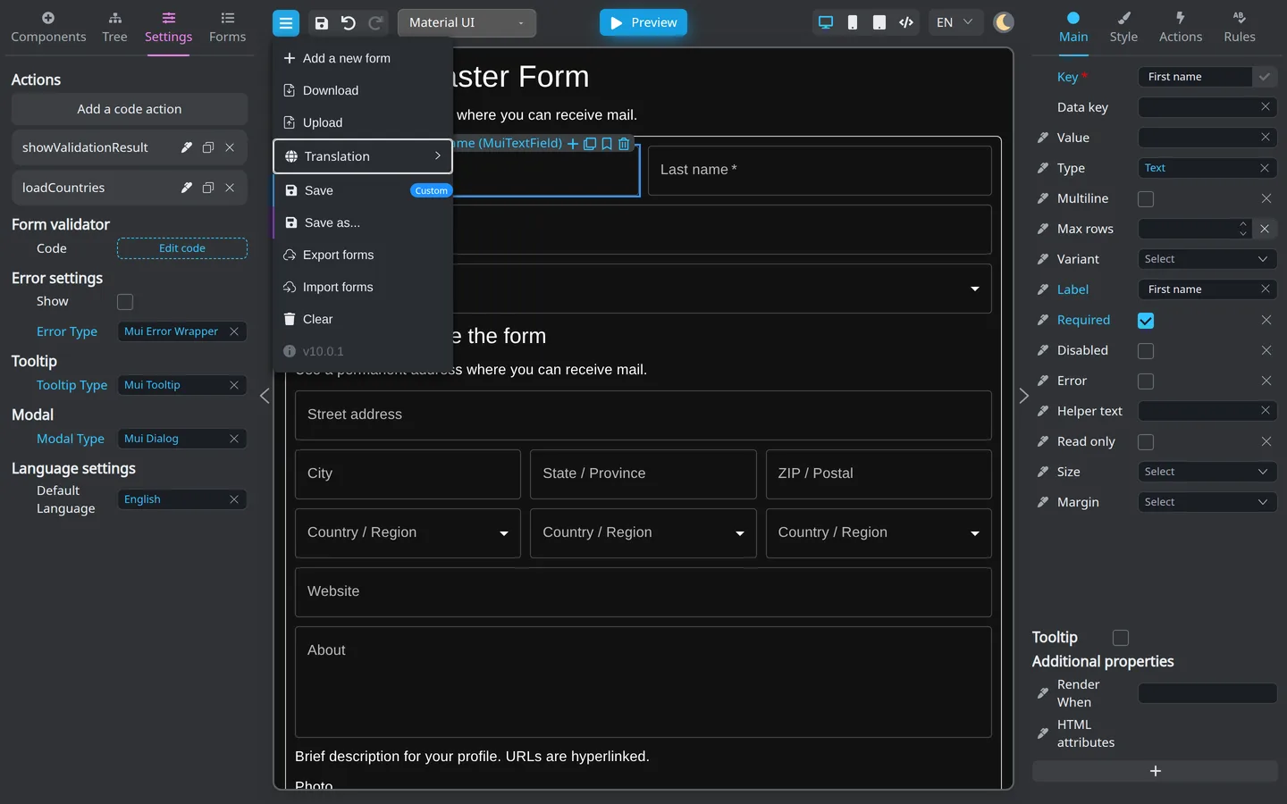 Header menu open with Save, Download, and Export forms.