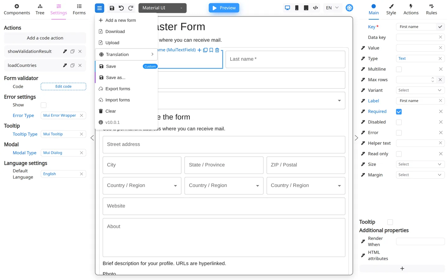 Header menu open with Save, Download, and Export forms.