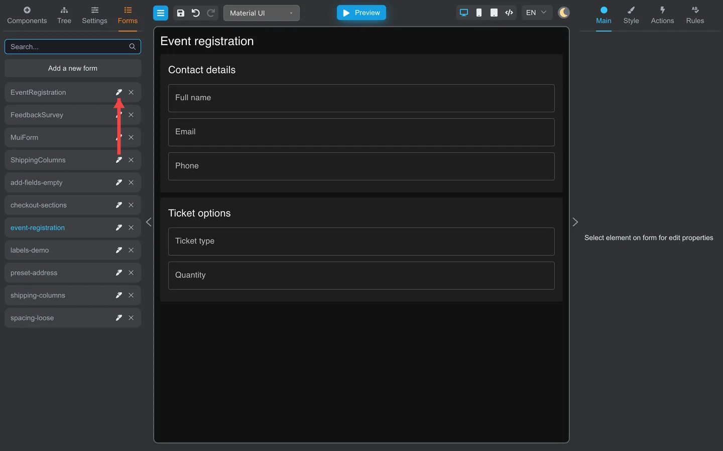 Forms tab with arrow pointing at the Edit button on a form row.
