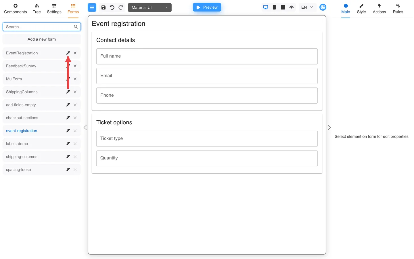 Forms tab with arrow pointing at the Edit button on a form row.
