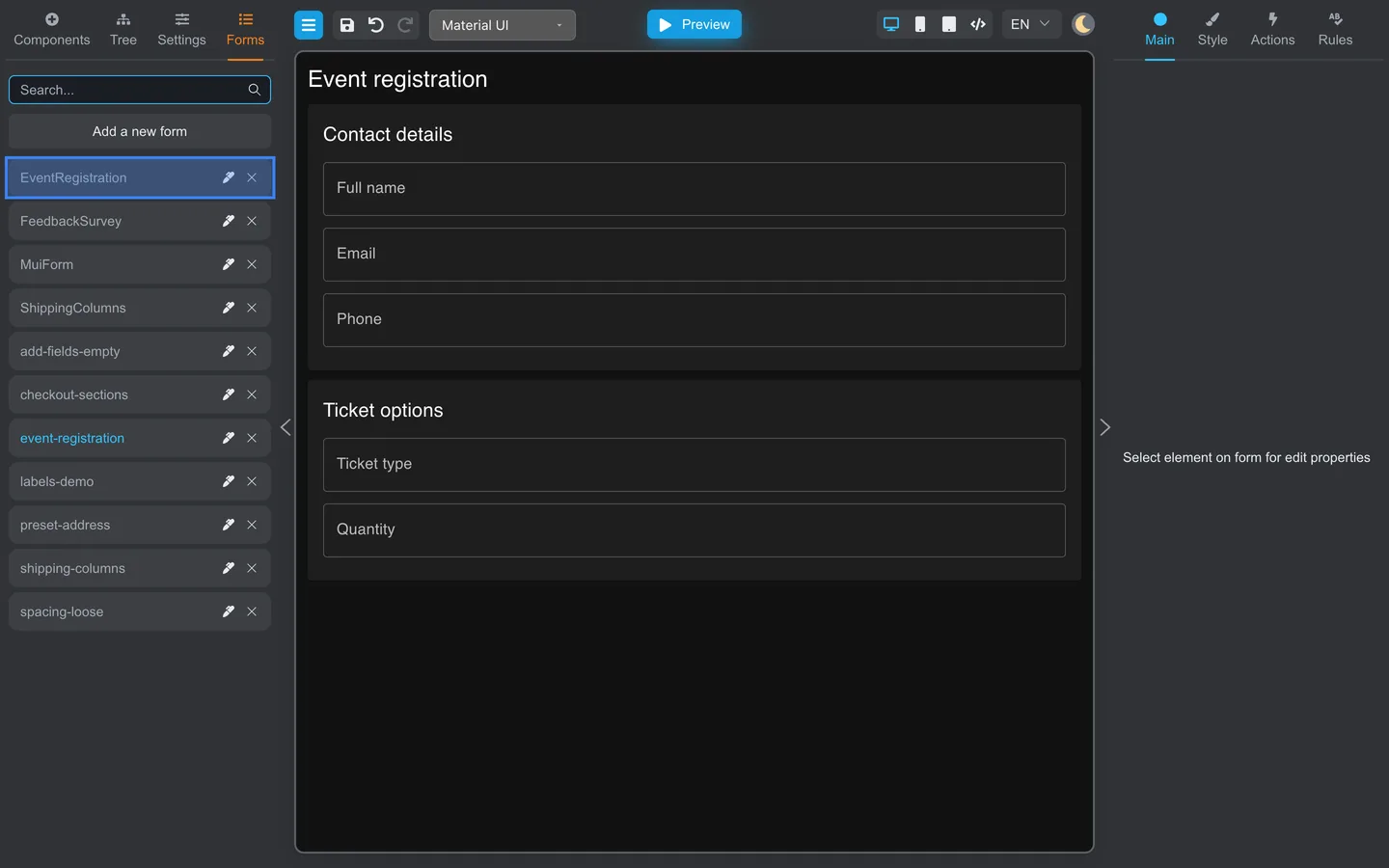 Forms tab listing EventRegistration, ShippingColumns, FeedbackSurvey, and LabelsDemo.