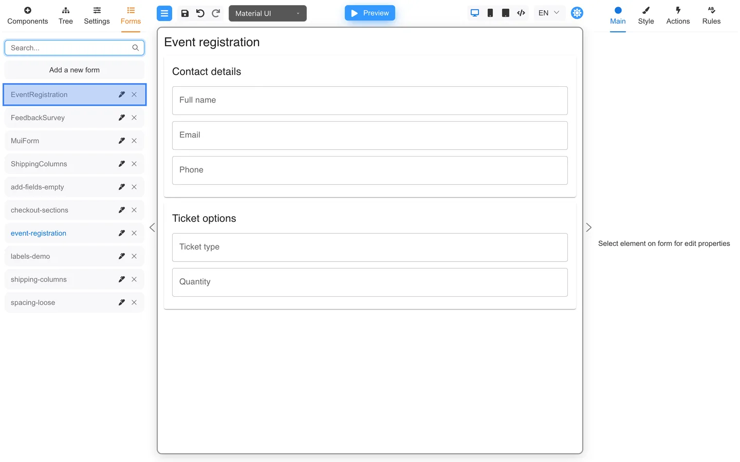 Forms tab listing EventRegistration, ShippingColumns, FeedbackSurvey, and LabelsDemo.
