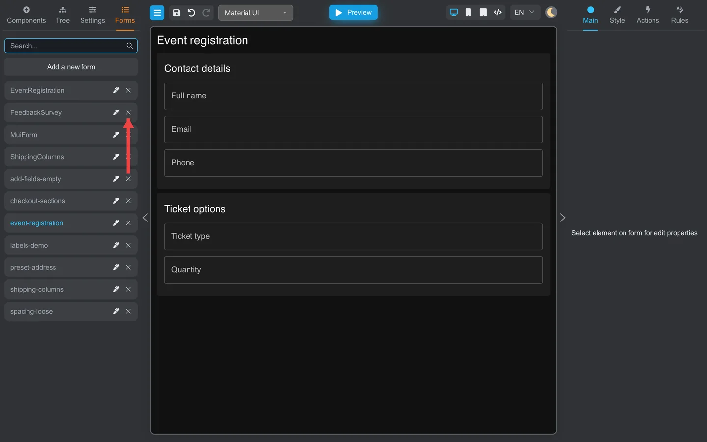 Forms tab with arrow pointing at the Remove button on a form row.