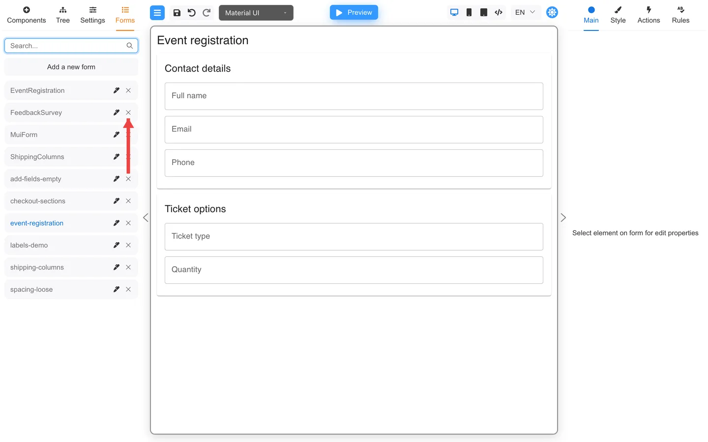 Forms tab with arrow pointing at the Remove button on a form row.
