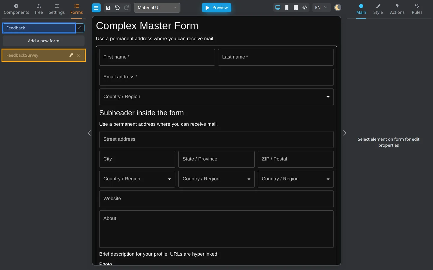 Forms tab with Search filled to Feedback and only FeedbackSurvey shown.