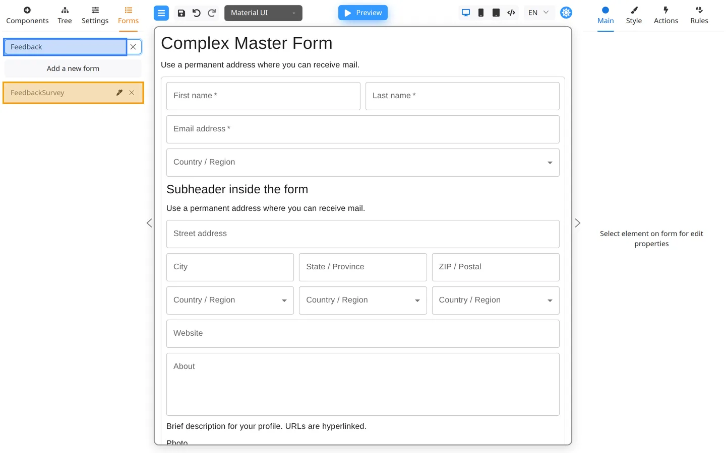 Forms tab with Search filled to Feedback and only FeedbackSurvey shown.