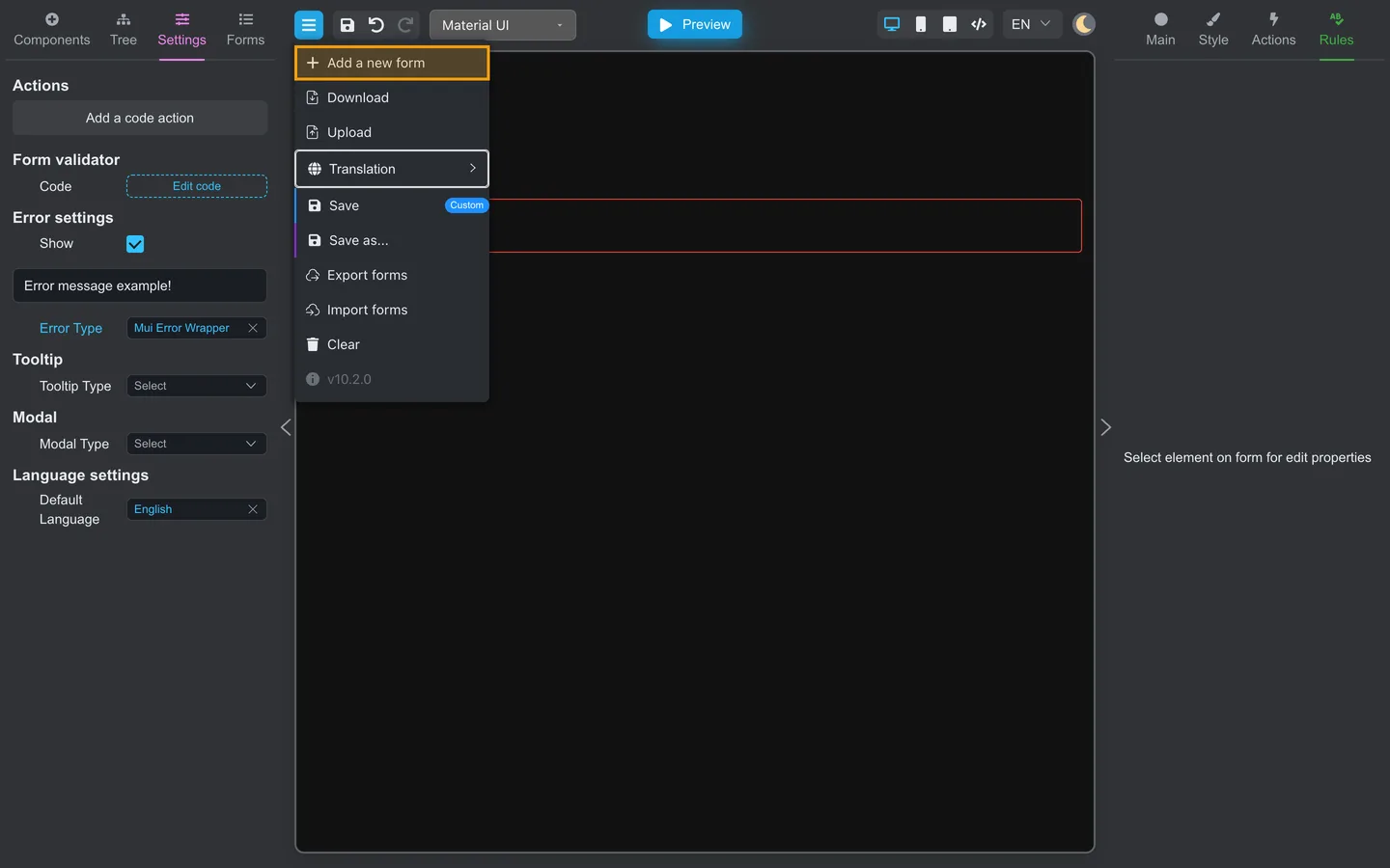 Header menu open with Add a new form highlighted.