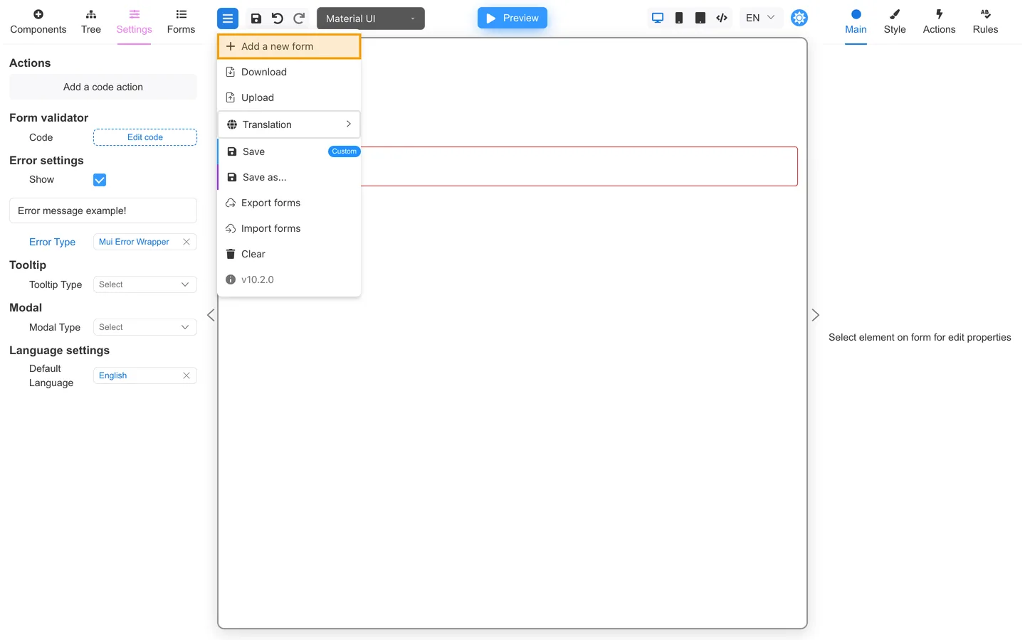Header menu open with Add a new form highlighted.