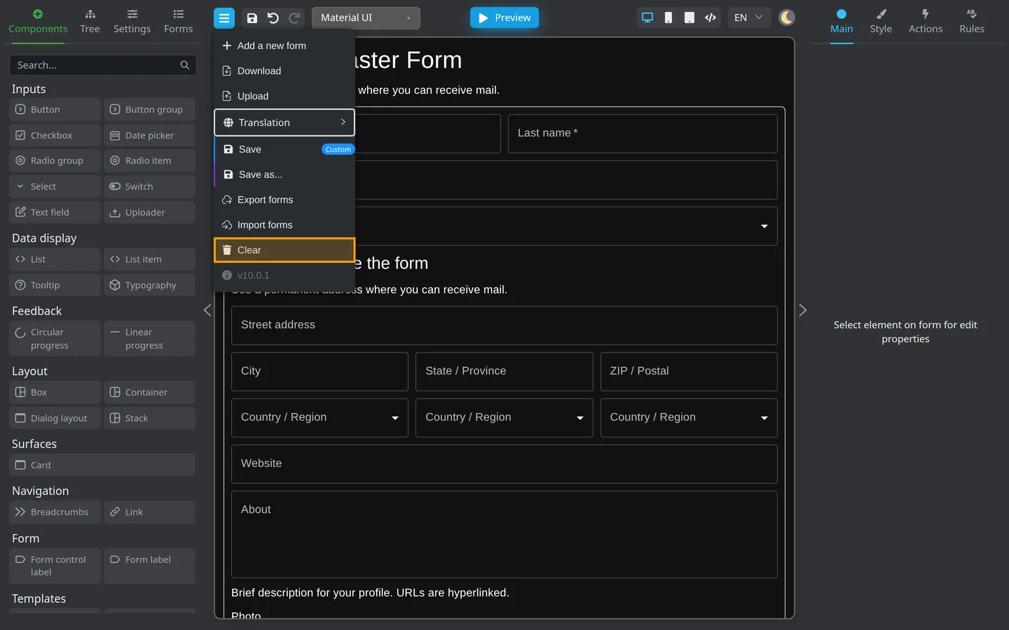 Header menu open with Clear highlighted.