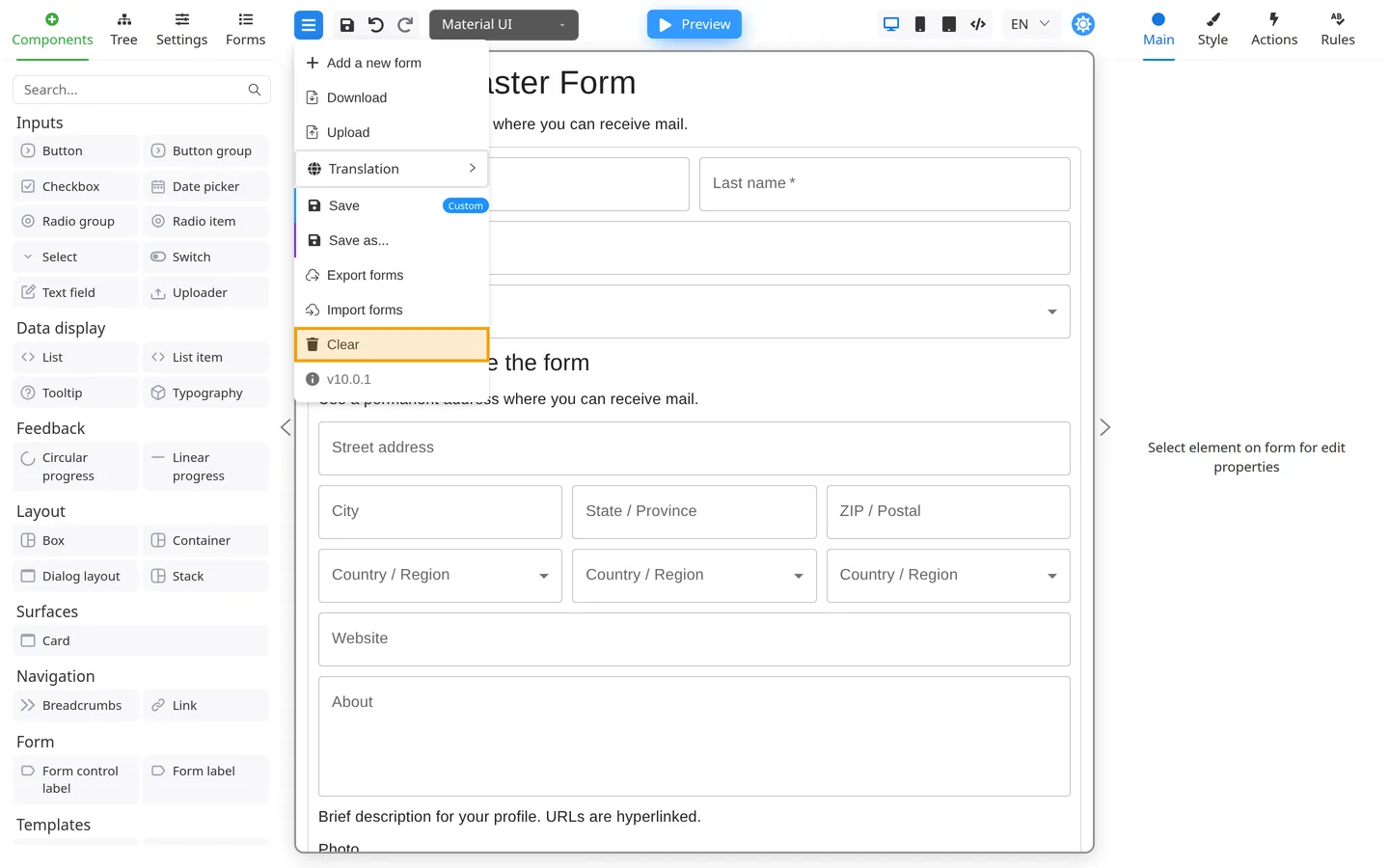 Header menu open with Clear highlighted.