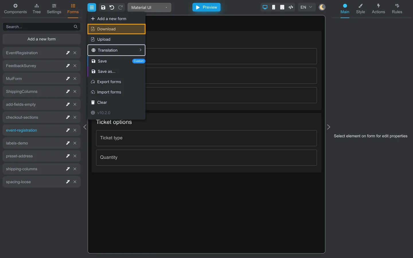 Header menu open with Download highlighted.