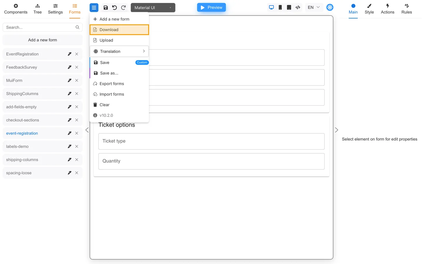 Header menu open with Download highlighted.